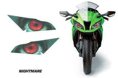 Motorcycle headlight graphics set with nightmare eye design in teal and red