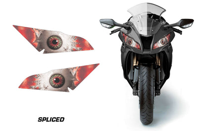 Motorcycle headlight graphics set with spliced eye design in red, gray, and black
