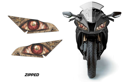 Motorcycle headlight graphics set with zipped eye design in tan, brown, and gold
