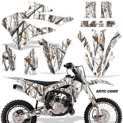 Dirt bike graphics kit with arctic camo decals for side panels, fenders, and shrouds