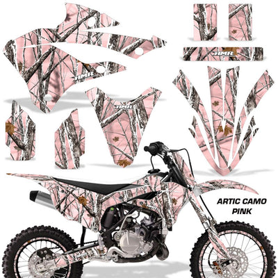 Dirt bike graphics kit with arctic camo pink decals for side panels, fenders, and shrouds