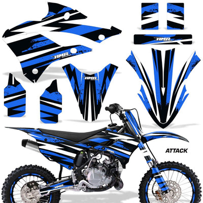 Dirt bike graphics kit with blue Attack decals for side panels, fenders, and shrouds