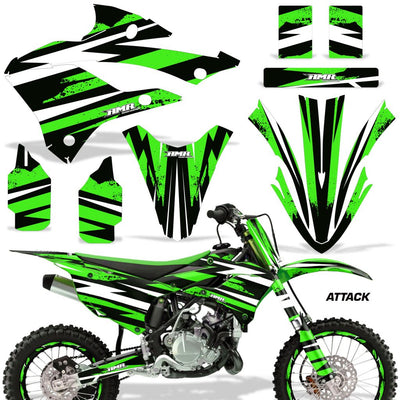 Dirt bike graphics kit with green Attack decals for side panels, fenders, and shrouds