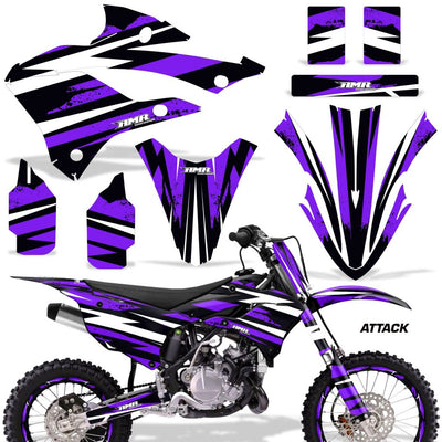 Dirt bike graphics kit with purple Attack decals for side panels, fenders, and shrouds