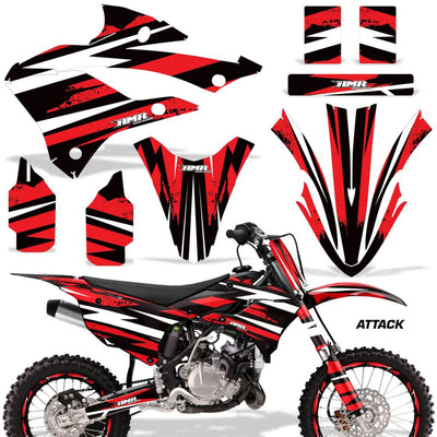 Dirt bike graphics kit with red Attack decals for side panels, fenders, and shrouds