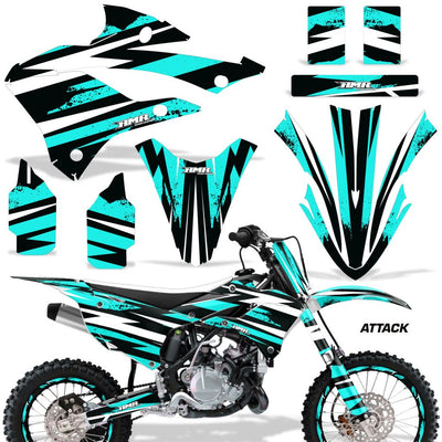Dirt bike graphics kit with teal Attack decals for side panels, fenders, and shrouds
