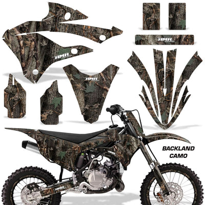 Dirt bike graphics kit with Backland camo decals for side panels, fenders, and shrouds