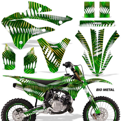 Kawasaki KX 85/112 graphics kit with green lightning stripe decals and matching plastics