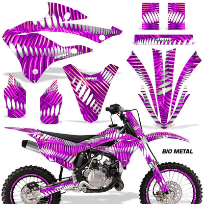 Kawasaki KX 85/112 graphics kit with purple lightning stripe decals and matching plastics