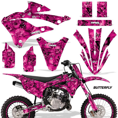 Kawasaki KX 85/112 graphics kit with pink butterfly-style decals and matching plastics