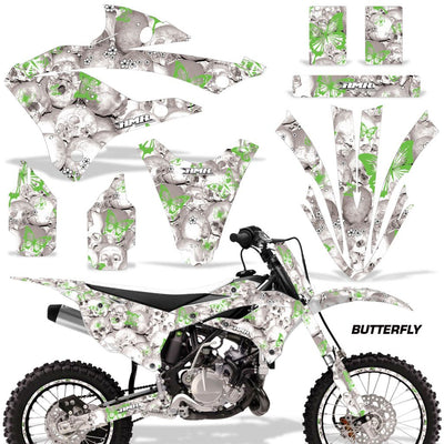 Kawasaki KX 85/112 graphics kit with white camo skull decals and green accents plastics