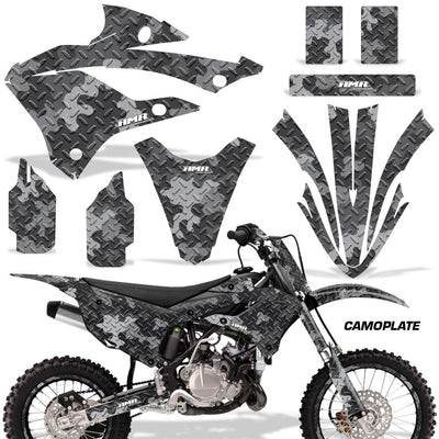 Kawasaki KX 85/112 graphics kit with dark gray textured decals and white stripe details