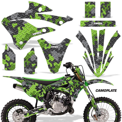 Kawasaki KX 85/112 graphics kit with camo gray and green decals with white stripe details