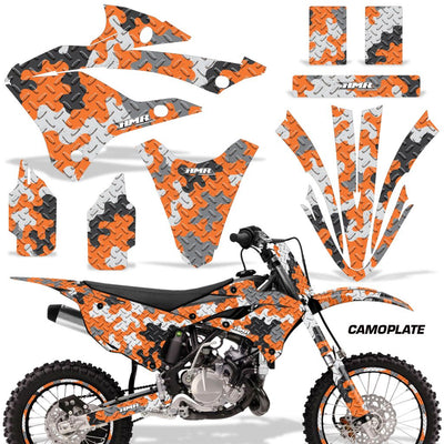 Kawasaki KX 85/112 graphics kit with orange camo decals and white stripe details plastics