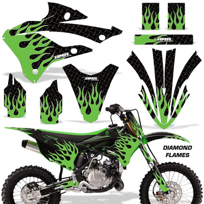 Kawasaki KX 85/112 graphics kit (2022-2023) with black base and green diamond flames