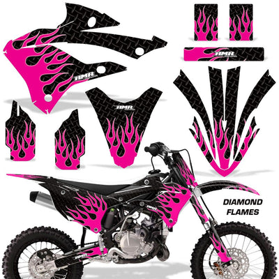 Kawasaki KX 85/112 graphics kit (2022-2023) with black base and pink diamond flames