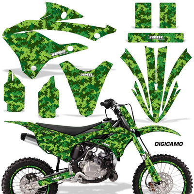 Green camouflage motorcycle graphics kit with matching front and side panel decals set