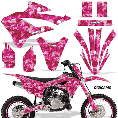 Pink camouflage motorcycle graphics kit with matching front fender and side panel decals set