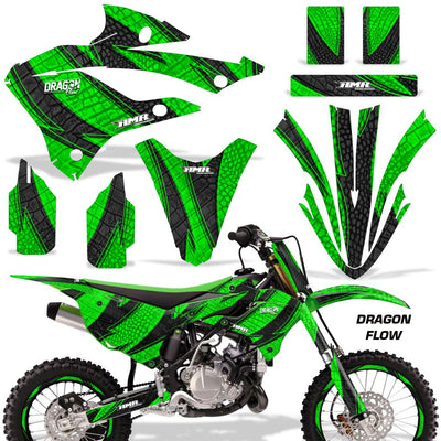 Green and black motorcycle graphics kit with patterned fender and side panel decals