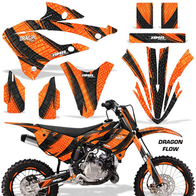 Orange and black motorcycle graphics kit with patterned fender and side panel decals