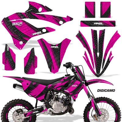 Magenta and black motorcycle graphics kit with patterned fender and side panel decals