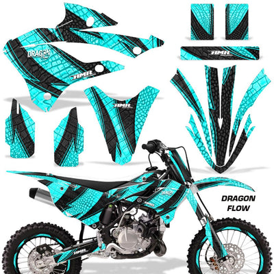 Teal and black motorcycle graphics kit with patterned fender and side panel decals set