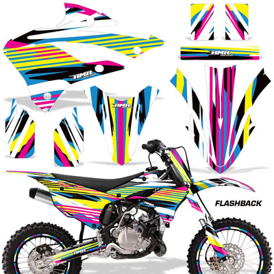 Multi-color stripe motorcycle graphics kit with patterned fender and side panel decals