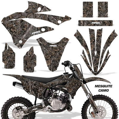 Brown and black camouflage motorcycle graphics kit with fender and side panel decal pieces