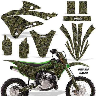 Green swamp camo dirt bike graphics kit with decals for fenders, shrouds, and panels