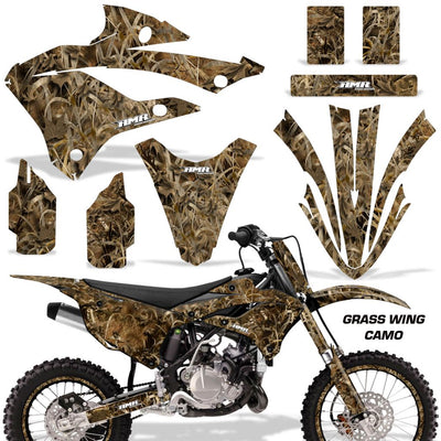 Brown grass wing camo dirt bike graphics kit with decals for fenders, shrouds, and panels
