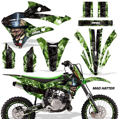 Green and black mad hatter themed dirt bike graphics kit with decal set for fenders
