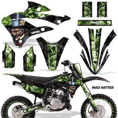 Neon green mad hatter themed dirt bike graphics kit with matching panel and fender decals