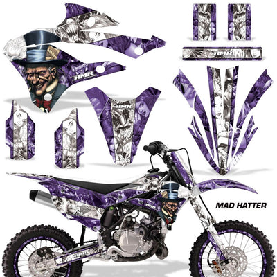 Purple mad hatter themed dirt bike graphics kit with decal set for fenders and shrouds