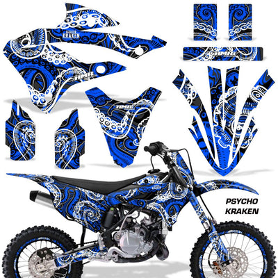 Blue psycho kraken dirt bike graphics kit with decal set for fenders, shrouds, and panels