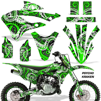 Motorcycle graphics kit for KX bike, neon green and black swirl design with matching side panels.