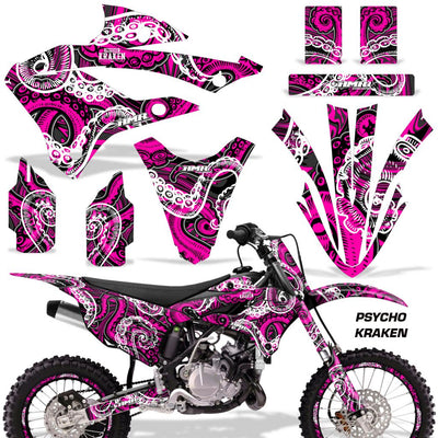 Motorcycle graphics kit for KX bike, pink and black swirl design with matching number plate pieces.