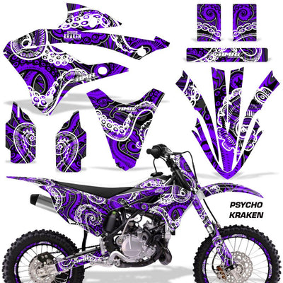 Motorcycle graphics kit for KX bike, purple and black swirl design with matching side panel graphics.