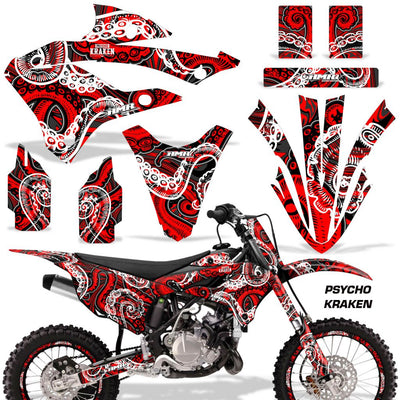 Motorcycle graphics kit for KX bike, red and black swirl graphics with matching fender and panel decals.