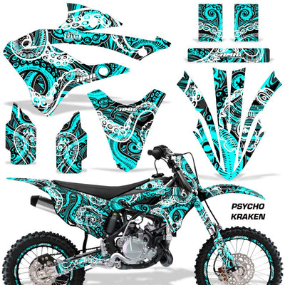 Motorcycle graphics kit for KX bike, teal and black swirl design with matching fender and side panels.