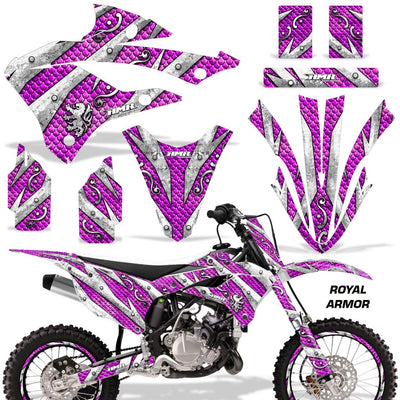 Motorcycle graphics kit for KX bike, purple and white patterned panels with