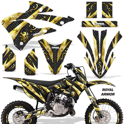 Motorcycle graphics kit for KX bike, black and gold patterned graphics with