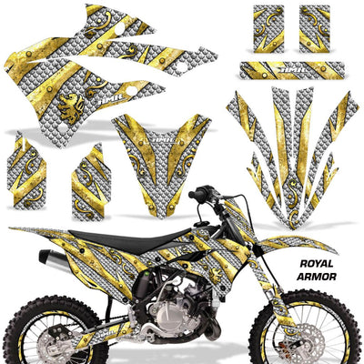 Motorcycle graphics kit for KX bike, silver and gold patterned graphics with matching side panels.