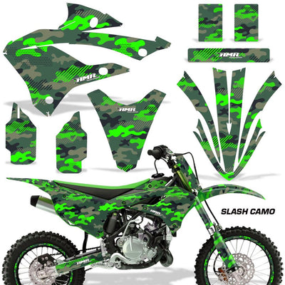 Motorcycle graphics kit for KX bike, green camo design with