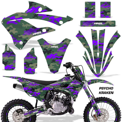 Motorcycle graphics kit for Kawasaki KX 85/112 with purple Psycho Kraken camouflage