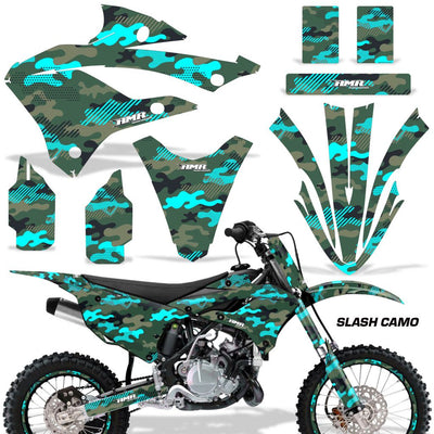 Motorcycle graphics kit for Kawasaki KX 85/112 with teal Slash Camo pattern