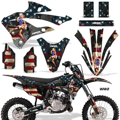 Motorcycle fairing and fender graphics set with black star-spangled red and blue