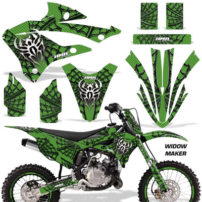 Motorcycle graphics kit for Kawasaki KX 85/112 with green Widow Maker pattern