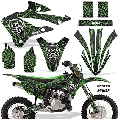 Motorcycle graphics kit for Kawasaki KX 85/112 with dark green Widow Maker pattern