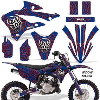 Motorcycle fairing and fender graphics set with blue red spiderweb design