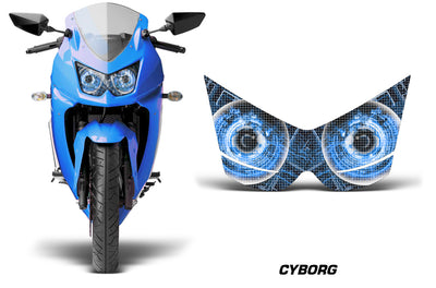 Blue cyborg-style headlight graphics with glowing circular eye patterns